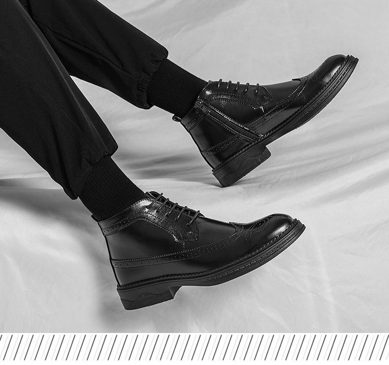 Brogue Martin Men's Autumn Pointed Toe High-Top Leather Chelsea Boots - European & American Mid-Calf Style