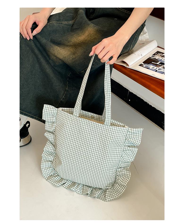 Fresh Checkered Ruffle One-Shoulder Lace Backpack: Cute Korean Style Tote for Daily Commute and Students