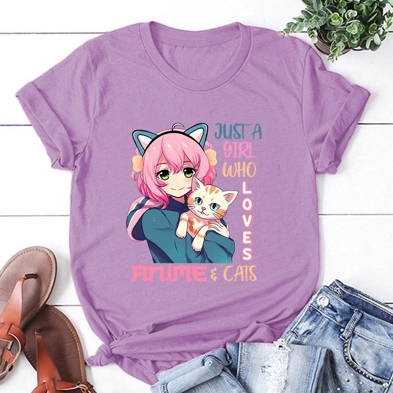 New Hot Just A Girl Who Loves Anime Cats Printed T-Shirts Women Unisex Casual Loose Round Neck Creative Personalized T-Shirt