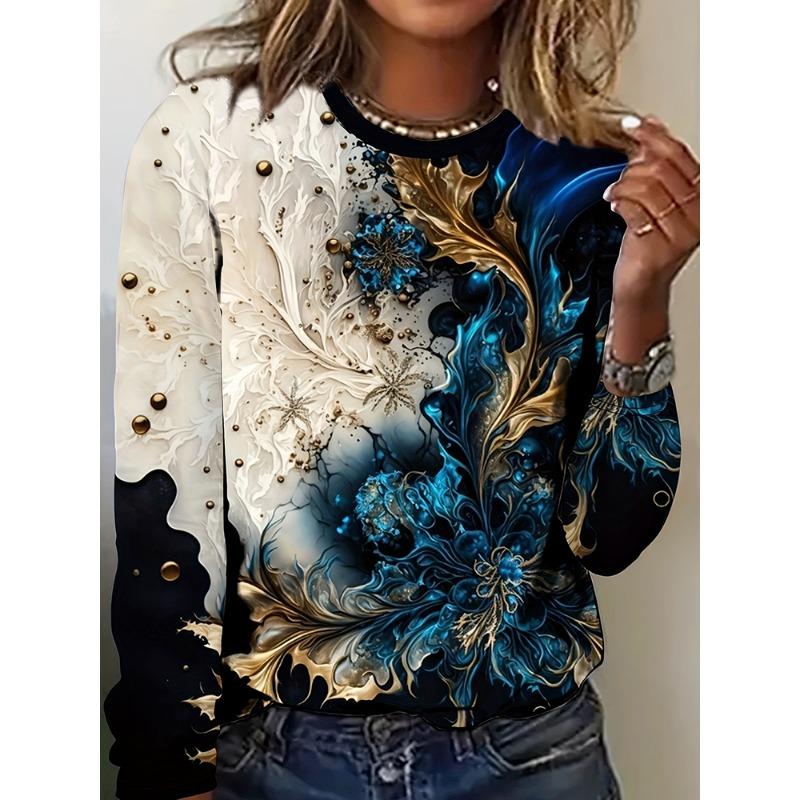 Fall/Winter Daily Women's Casual Top 3D Flower Print Women's Long-Sleeved T-Shirt Street Urban Fashion T-Shirt