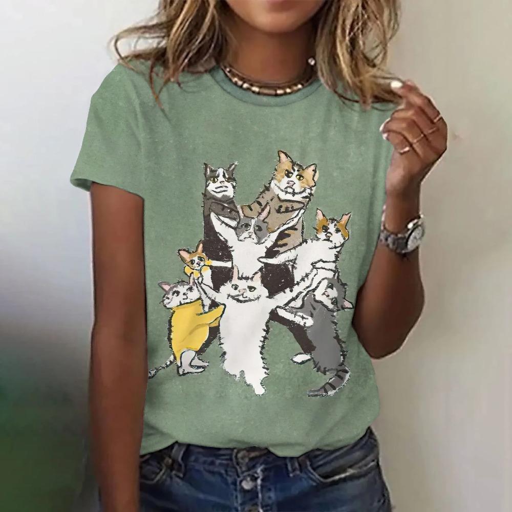 Cute cat 3D printed women's loose round neck short sleeved T-shirt