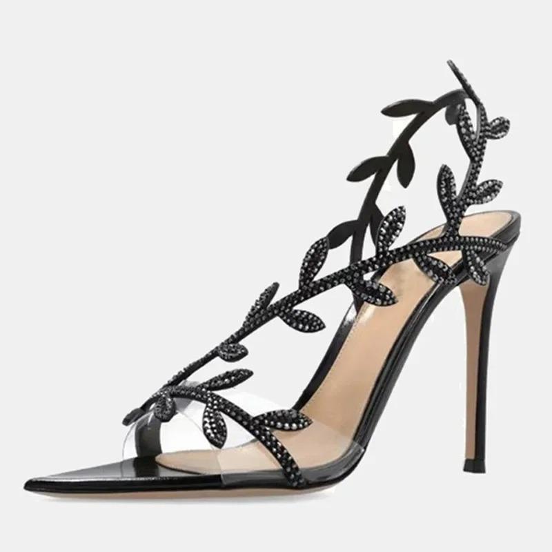Fashion Women High Heels Summer Street Style Transparent Crystal Pointed Toe Women Sandals Women Fashion Stripper Thin Heels Party Shoes