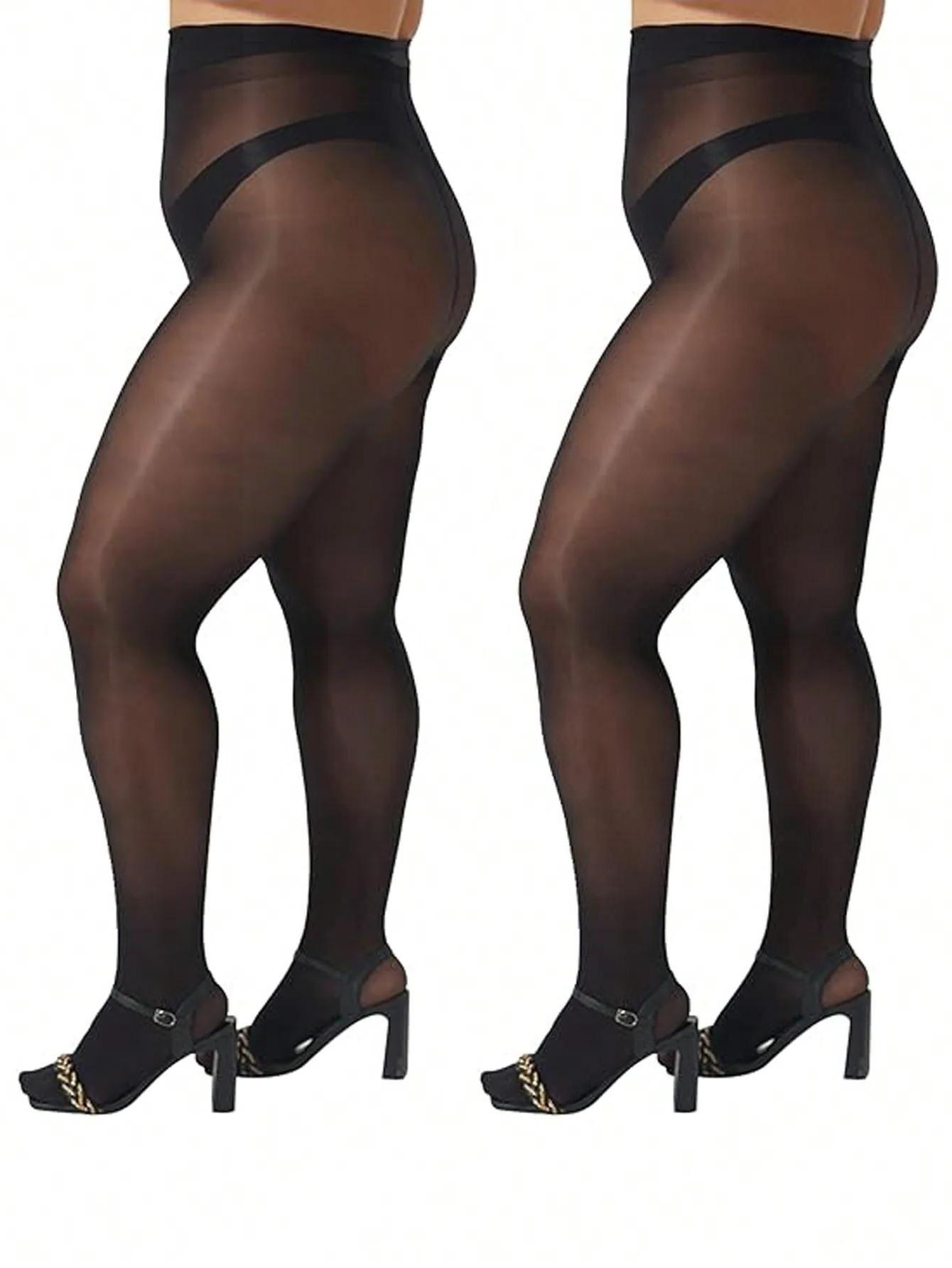 Zwei Sets Damen Super Elastische Oversized Ultra-Dünne Hautdurchdringende Strumpfhosen mit Flachem Bodenteil XXL black