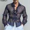 INCERUN Men Long Sleeve Bow Knot Mesh Sheer Hollow Out Party T-shirts Tops