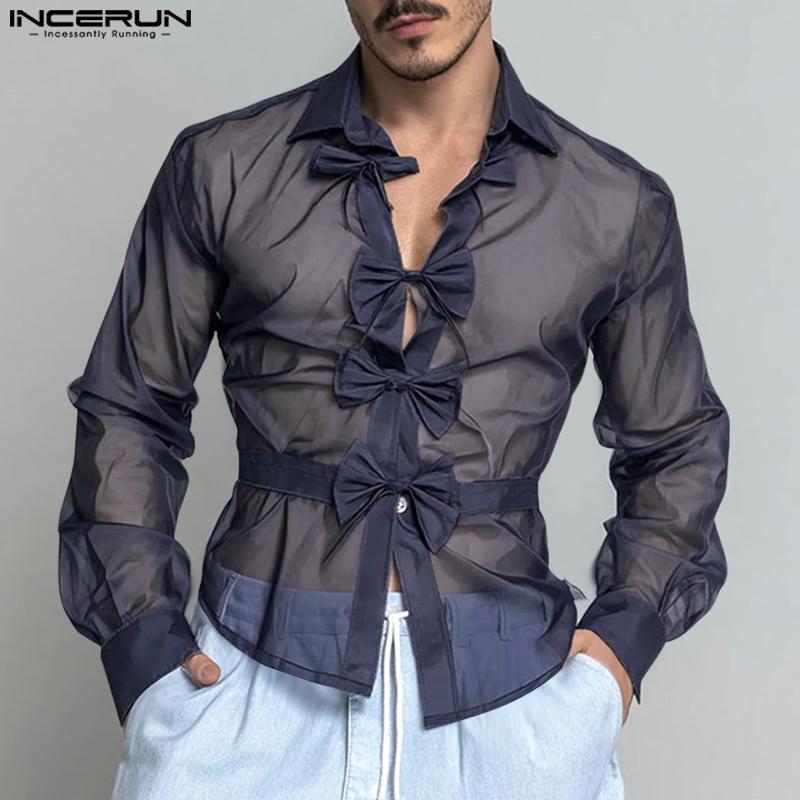 INCERUN Men Long Sleeve Bow Knot Mesh Sheer Hollow Out Party T-shirts Tops