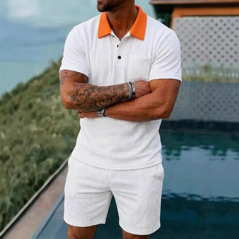 

Mens Casual Two Piece Outfit Contrast Collar Polo Shirt And Shorts Set S белый
