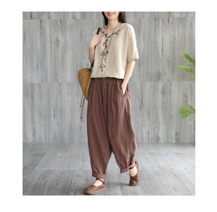 Damen Retro Floral Besticktes Baumwollleinen T-Shirt - Kurzarm, Rundhalsausschnitt, Vielseitiges Sommeroberteil