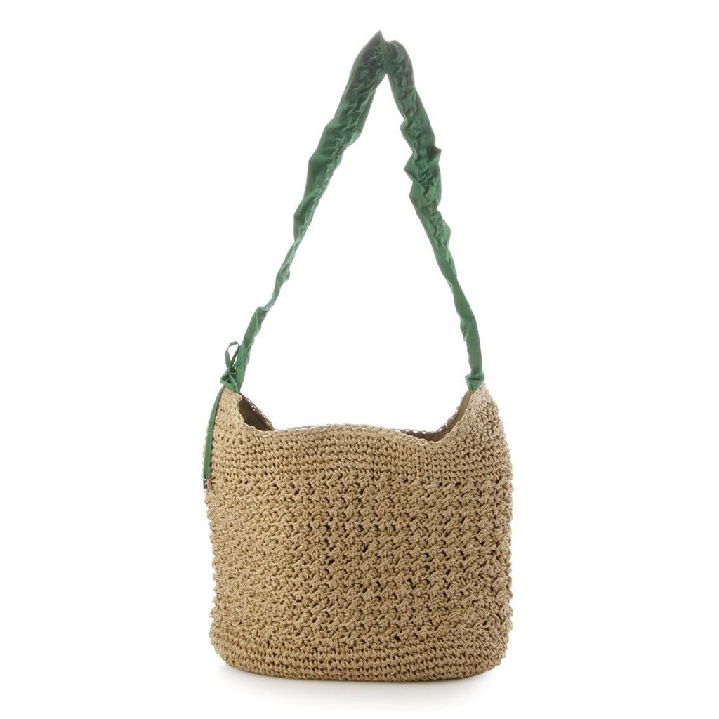 Drawstring frill handle woven tote bag