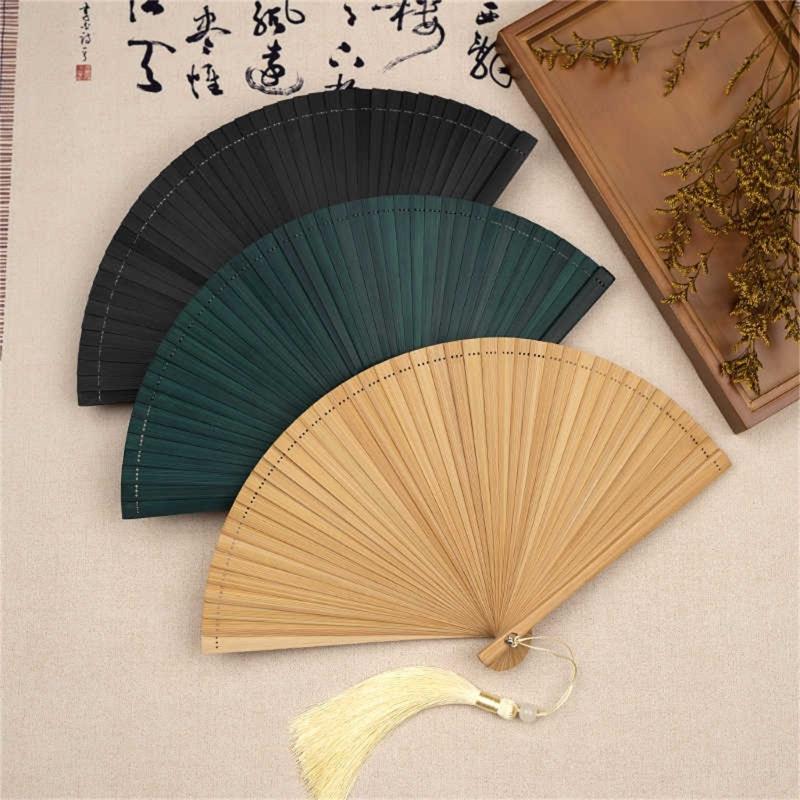 Artisanal Bamboos Folding Hand Fan Minimalists Handmade Craft Cooling Fan with Tassels Festivals Teas Ceremonies Decors