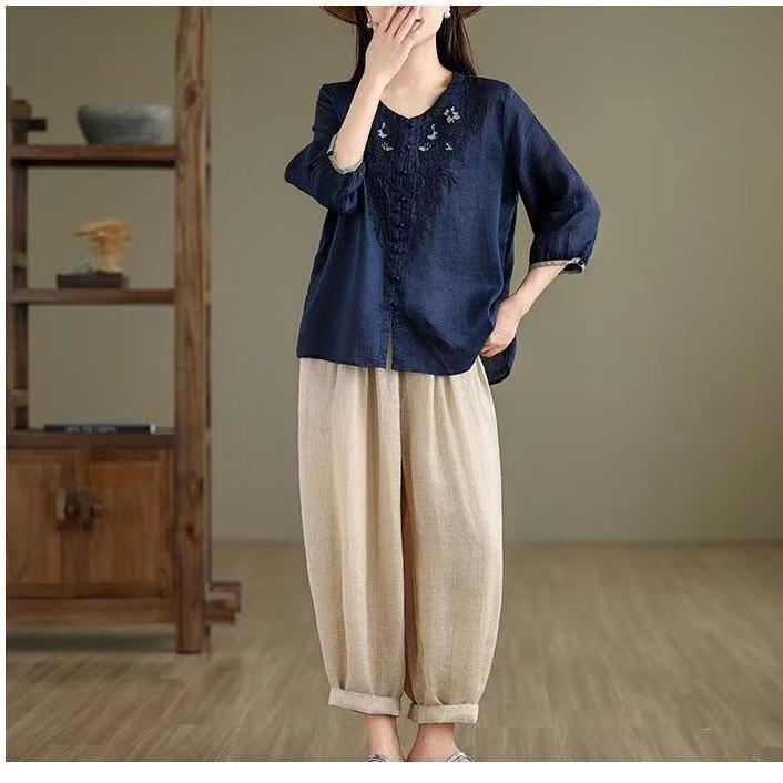 Vintage Hemden Sommer Stickerei Blumenbluse Damen Lässig 3/4 Ärmel Arbeit Blusen Locker Hemd Knöpfe Oberteile