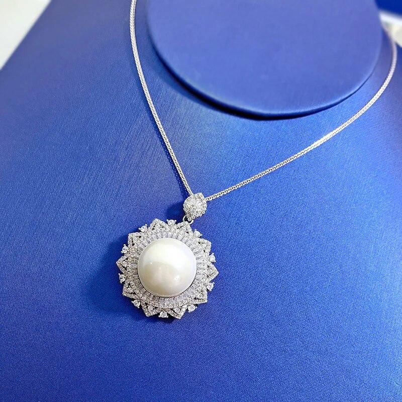 New 100% 925 Sterling Silver 8 Carat 16mm Big Pearl Necklace Sunflower Pendant Wedding Gifts Fine Jewelry Wholesale