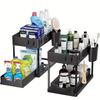 2 Layers Under Sink Organizer Sliding Cabinet Basket Organizer Storage Rack with Hooks Hanging Cup Bathroom Kitchen Organizer