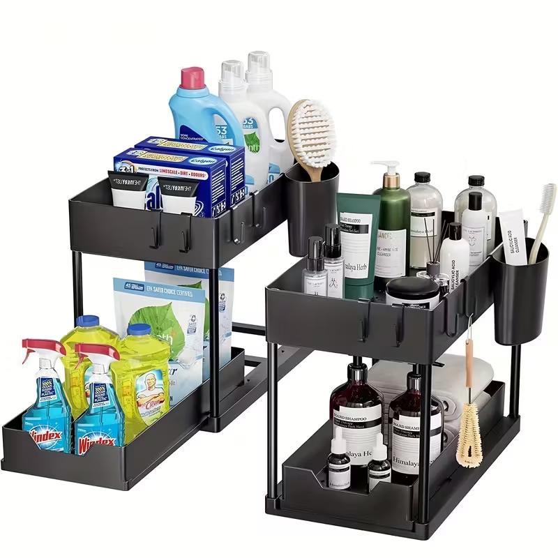2 Layers Under Sink Organizer Sliding Cabinet Basket Organizer Storage Rack with Hooks Hanging Cup Bathroom Kitchen Organizer