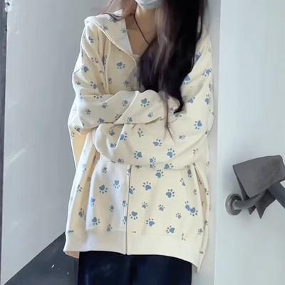 Women's Autumn New Dog Paw Print Loose Zipper Sweatshirt Jacket Thin Hooded Cardigan