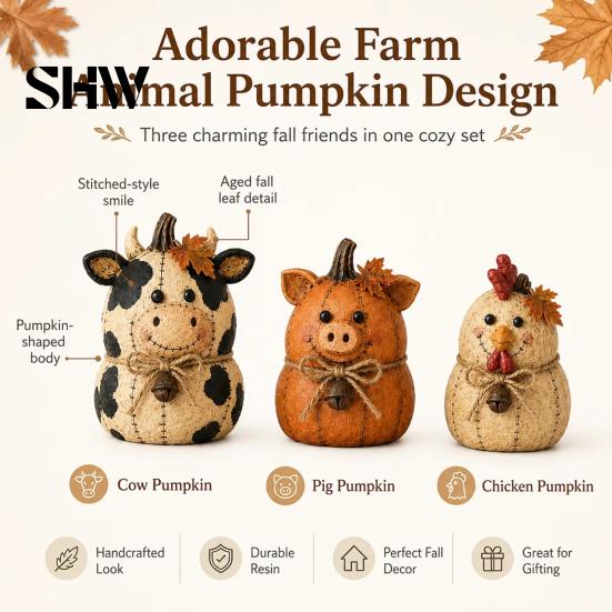 Thanksgiving Home Decor Ornaments Rustic Farmhouse Felt Animal Ornaments, Cute Cow/Pumpkin/Rooster Figurines, Decorative Handmade Animals Fall