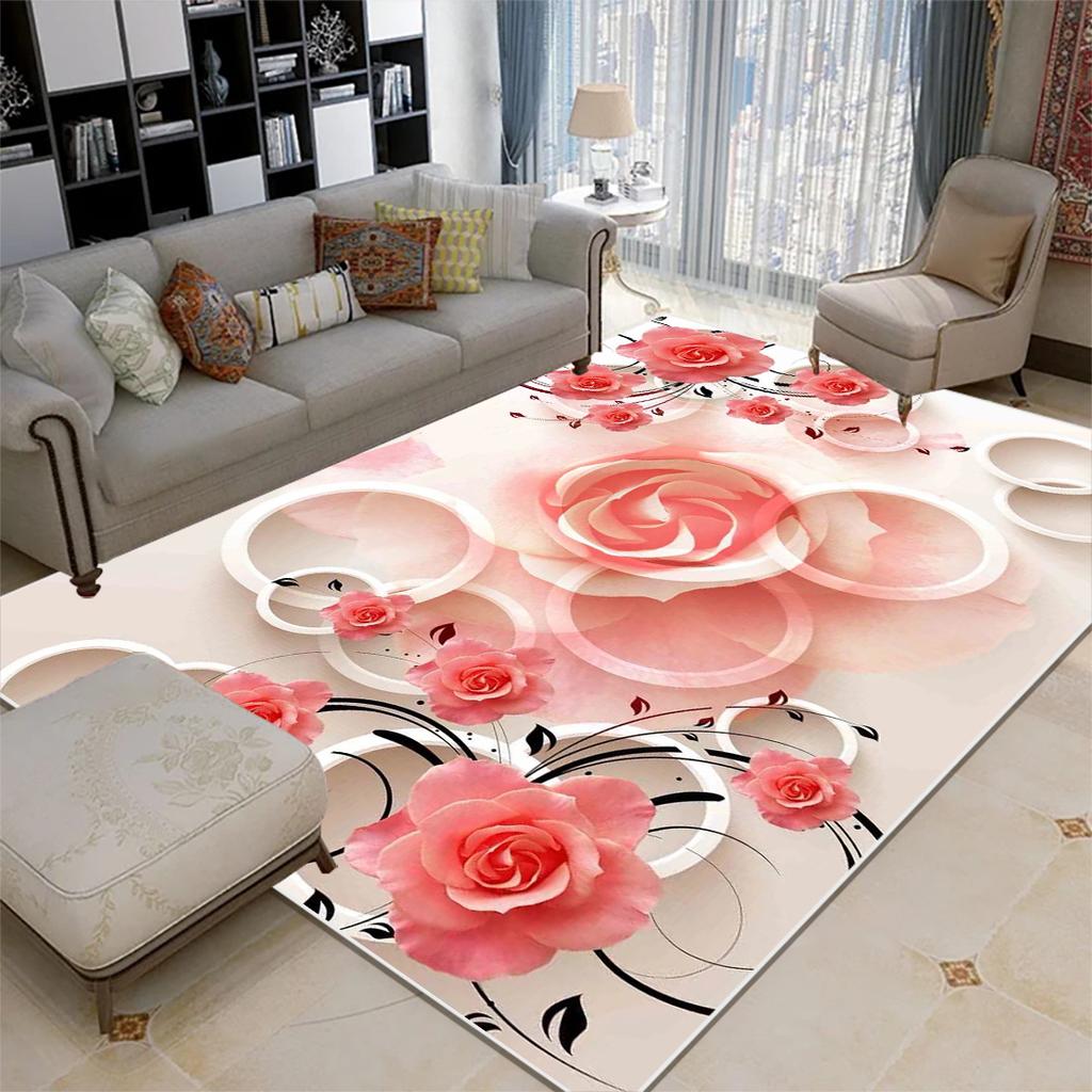 Modern Style Pink Rose Carpets Living Room Decoration Carpet Girl Bedroom Bedside Bay Window Non-slip Rug Washable Floor Mat