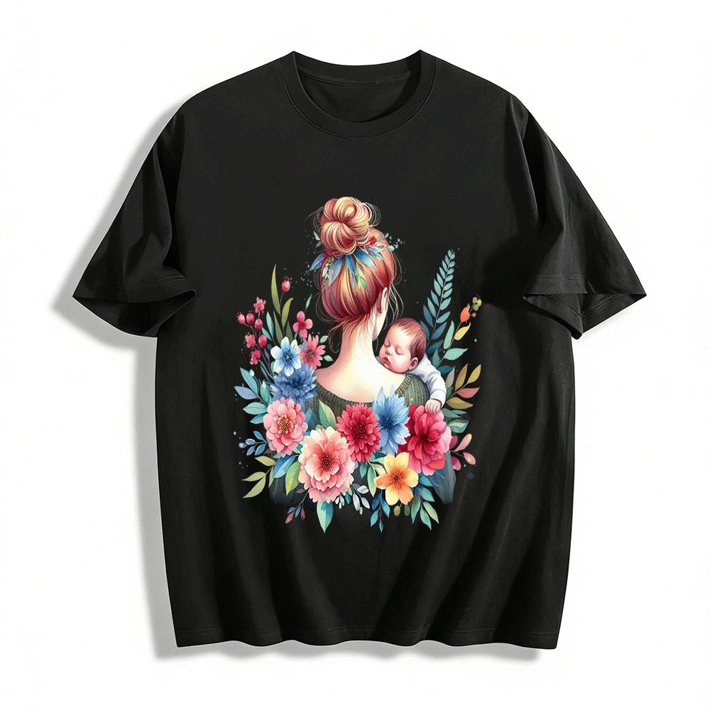 Floral Print Top with Mother and Sleeping Baby Design Pure cotton T-shirt XXS