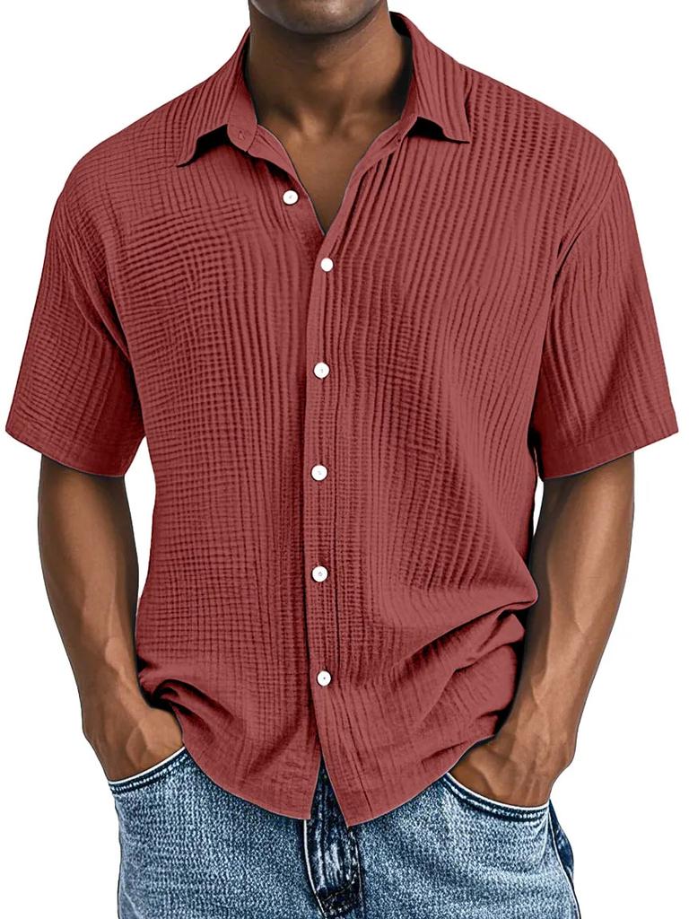 Men Light Blue Short Sleeve Button Down Shirt Casual Striped Linen Look Shirt