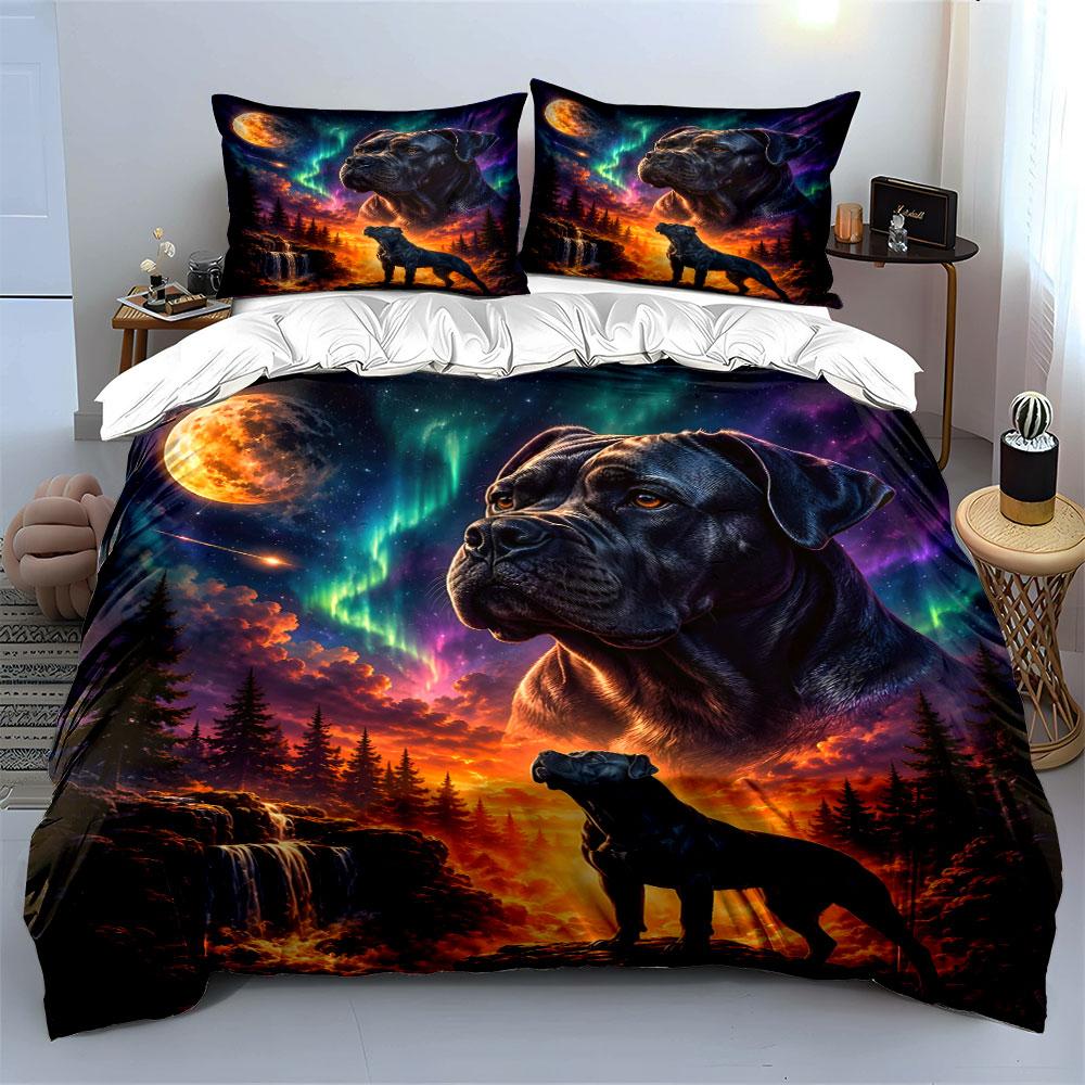 Majestic Dog Under Aurora Sky Bedding Duvet Cover Set (1*Duvet Cover 2*Pillowcases, Without Duvet Insert)