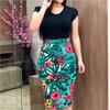 women's Color Block Floral Print Short Sleeve Bodycon Dress Round Neck Pencil Dress
