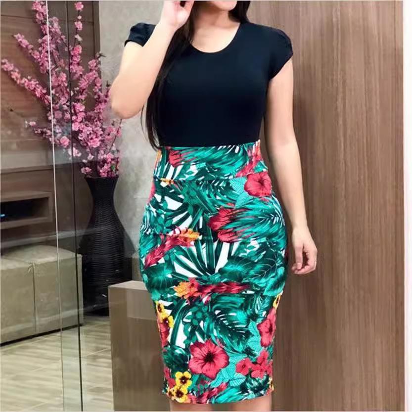 women's Color Block Floral Print Short Sleeve Bodycon Dress Round Neck Pencil Dress