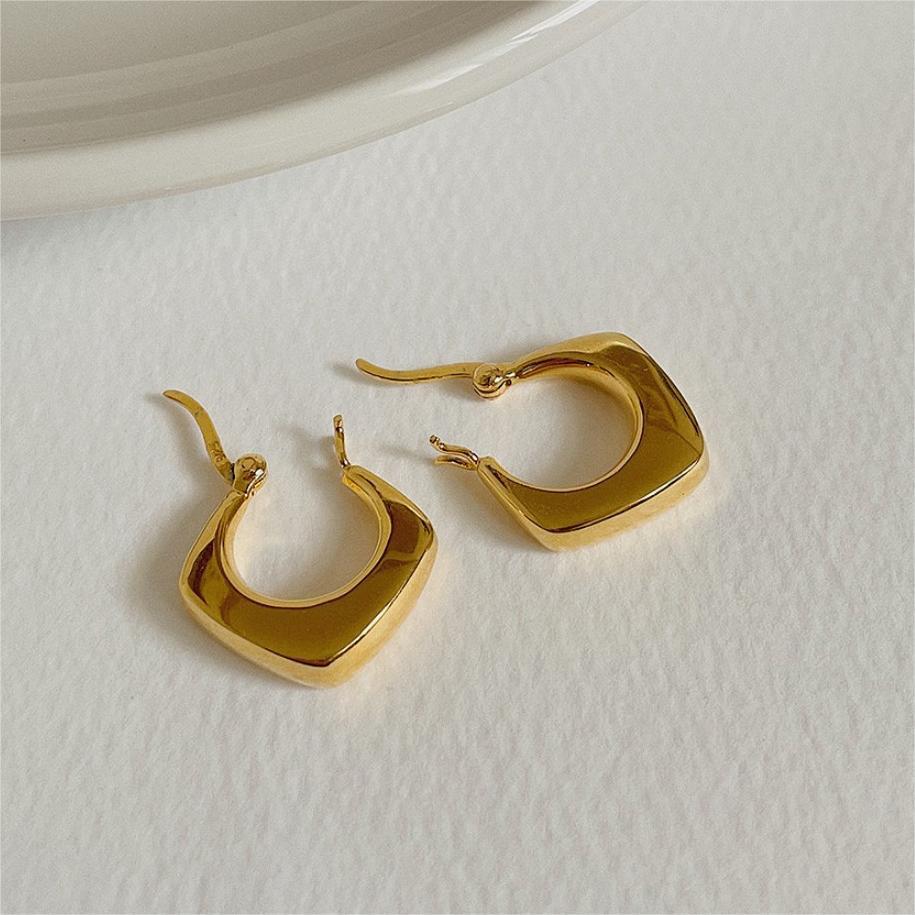 Fashion Jewelry 925 Sterling Silver Heavy Earrings Geometric Rhombus Rhomb Rhombic Shape Gold Plated Hoop Earrings Women