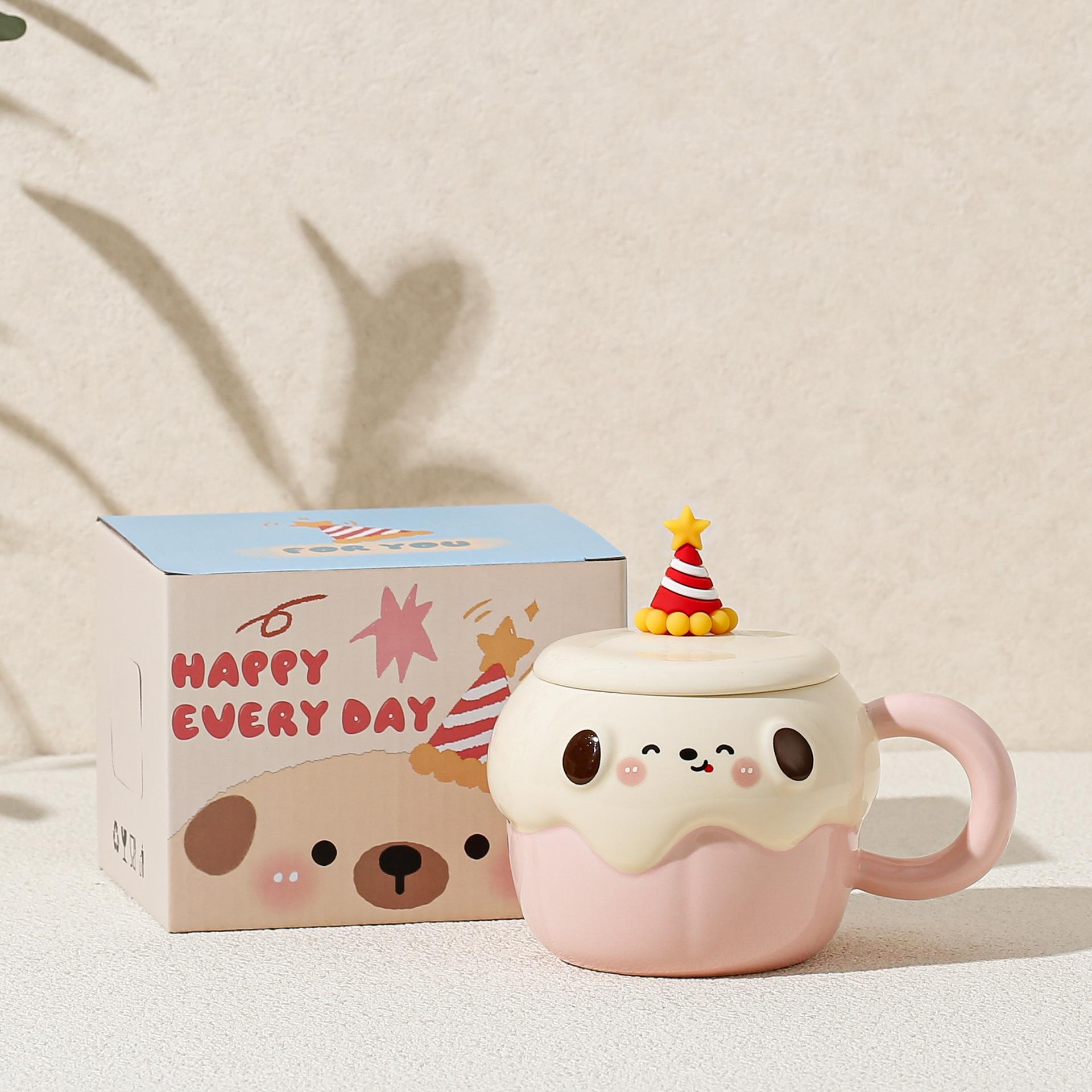 Birthday Gift Mug With Lid Cartoon Cupcake Ceramic Cup Souvenir Office Home Girls Water Cup 450ml
