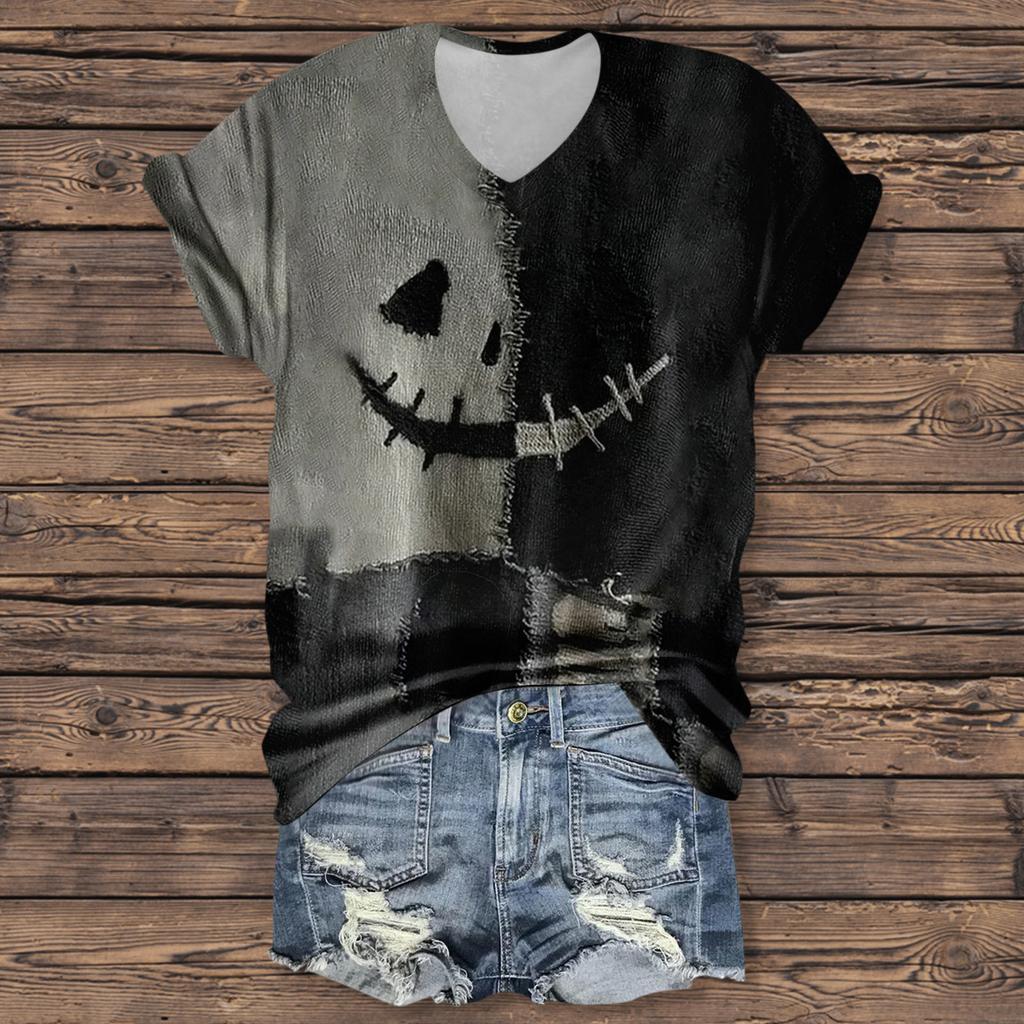 Women's Fashion Casual Three-quarter Sleeve Halloween Letters,  Face Print Top