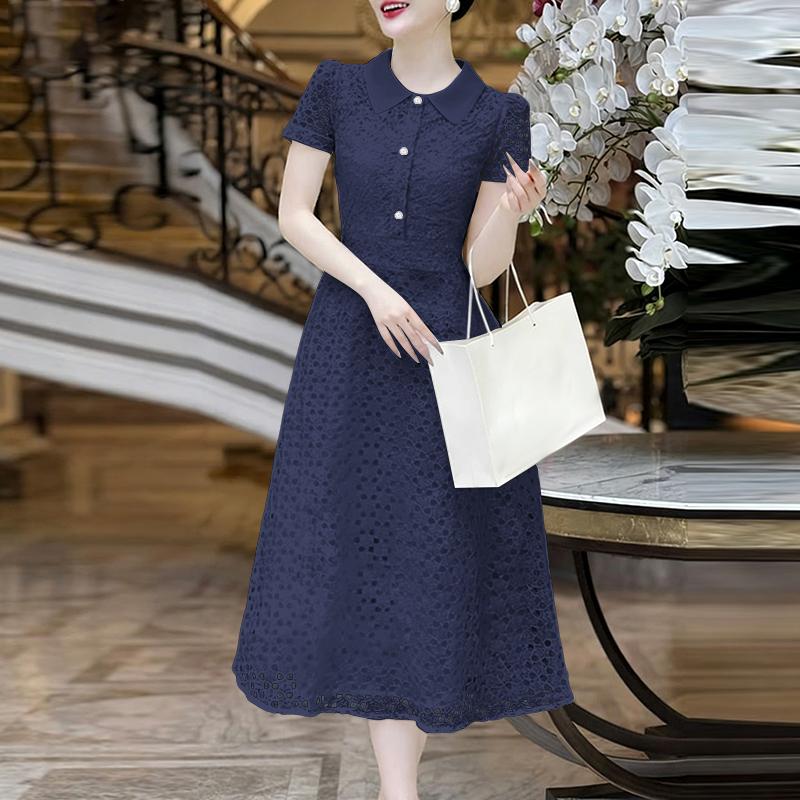 ZANZEA Women Casual Turn Down Collar Short Sleeve Patchwork Lace Dress 5XL тёмно-синий
