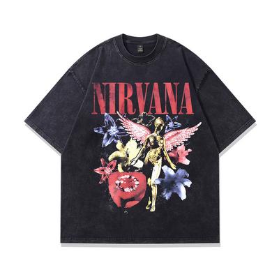 Men'S Pure Cotton T-Shirt European And American High Street Vintage Washed Nirvana Band Printed Short-Sleeved T-Shirt Men
