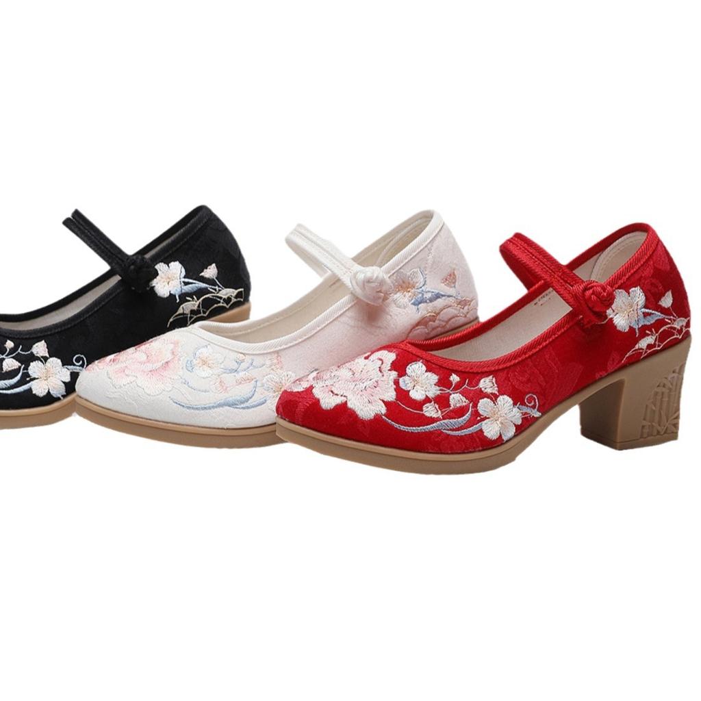 High Heels Women's Shoes Square Heel Light Mouth Round Head Embroidery Sexy and Thin Nightclub Single Shoes Wedding Shoes