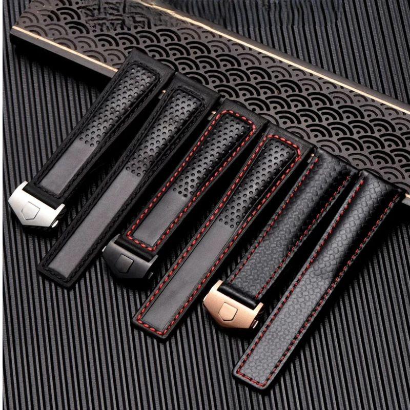 19mm 20mm 22mm genuine leather watch strap for tag heuer Carrera Monaco F1 watch band black red men's folding buckle bracelet