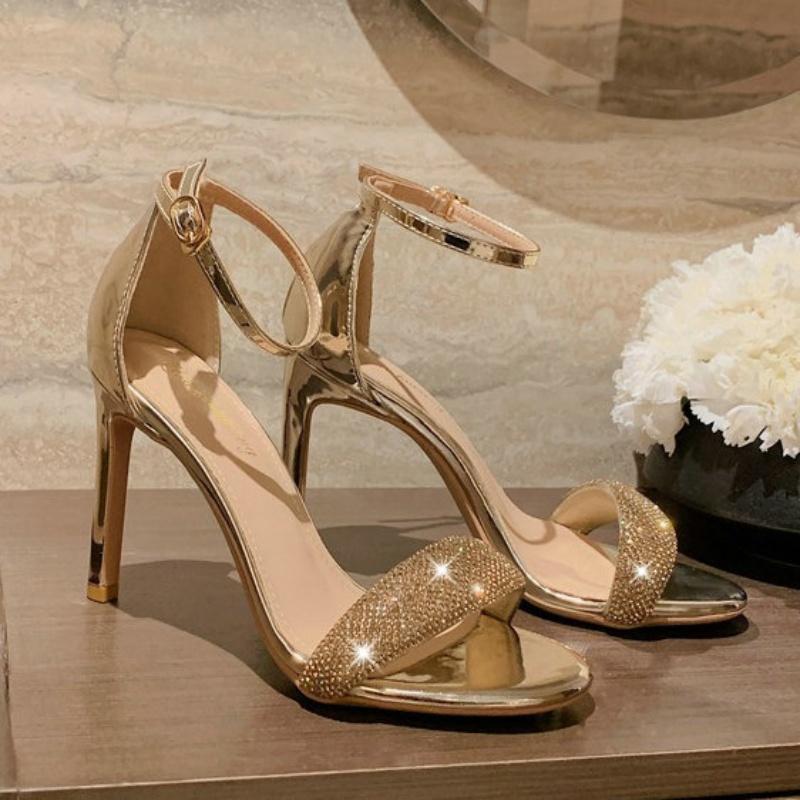 Mode 2025 Sommer Neue Damen Sandalen mit dünnem Absatz Runde Spitze mit Kristall Offene Zehen Koreanische Version Wildleder Absatzschuhe Damen High Heels