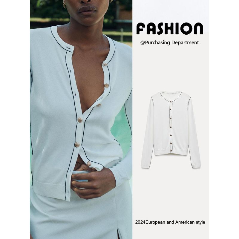 Za2024 Autumn New Women's Clothing Silm Slimming Contrast Color Trim Long Sleeves Round Neck Plain Stitch Outwear 3390101