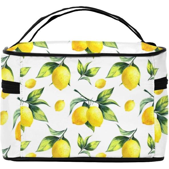 Yellow Lemon Makeup Bag for Women Large Travel Toiletry Bag Durable Double Zippers Make up Bag with Handle Portable Cosmetic Bag for Traveling