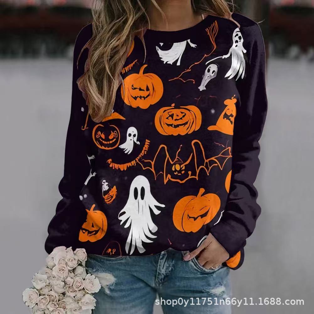 New Halloween Ladies Sweater 3D Digital Printing Pumpkin Bat Dark Pattern Crew Neck Long Sleeve Top