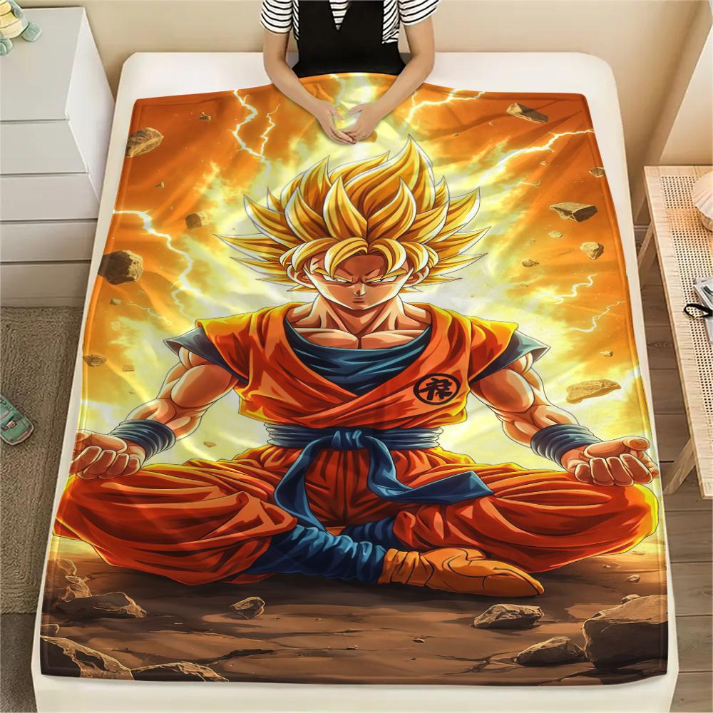 Son Goku Aufdruck Flanelldecke, Vielseitig einsetzbar für Sofa Bett Stuhl, Picknick Reisen, Warme Schlafzimmerdekoration -HE15