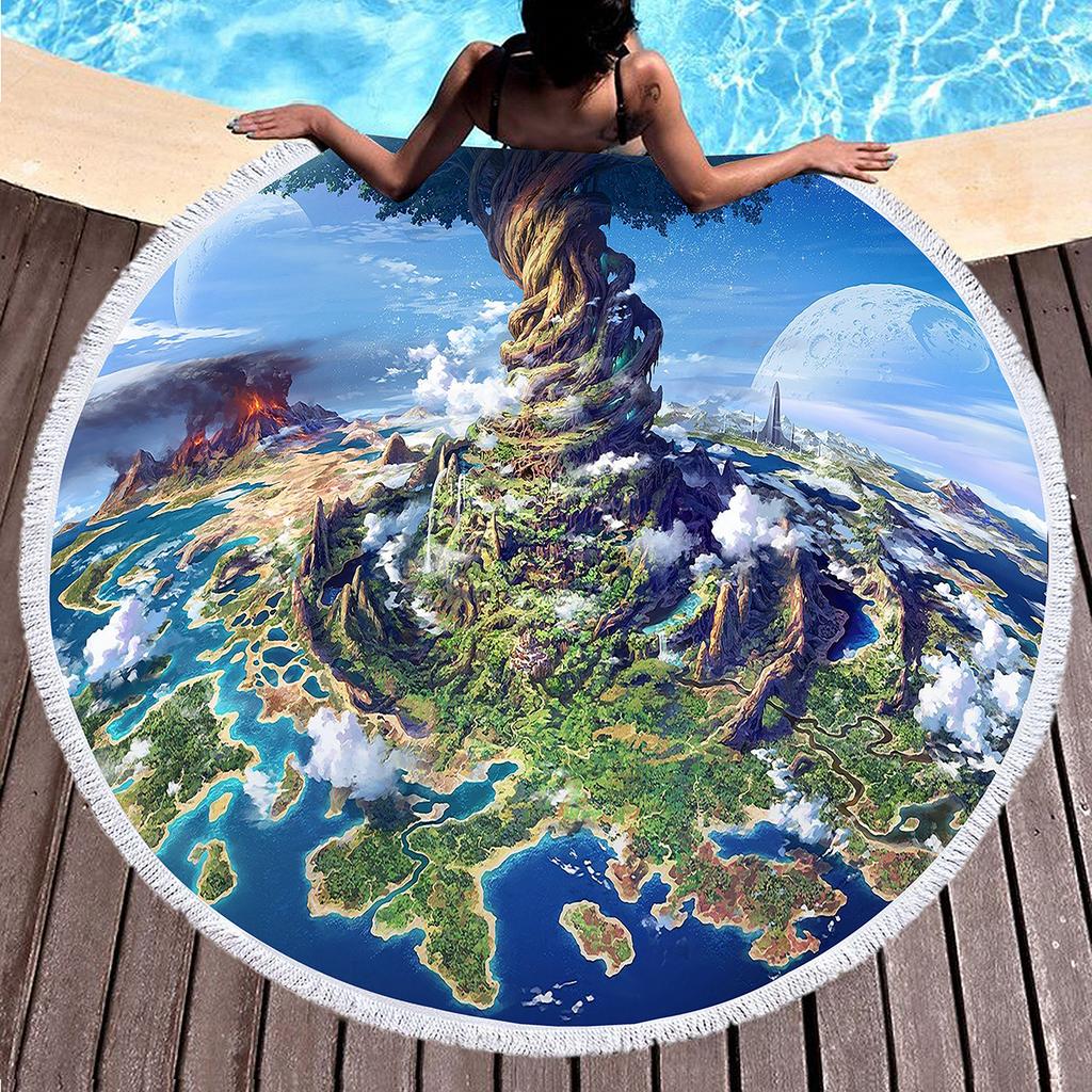 Tree of Life Round Beach Blanket with Tassels Polyester Sandproof Beach Towel,Absorbent Quick Dry Pool Towel Portable Picnic Mat