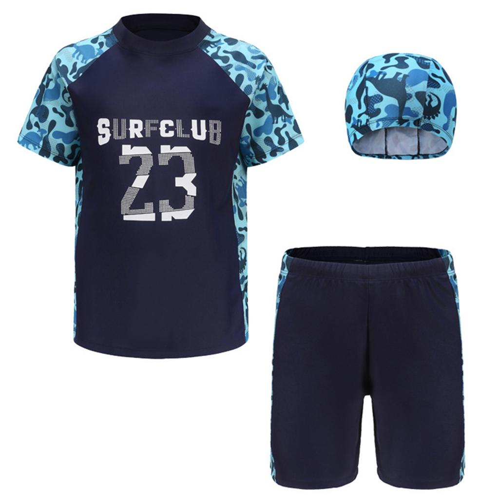 Boys Swimwear Set Short Sleeve Rash Guard Top Matching Trunks Hat Beach Swim Outfit