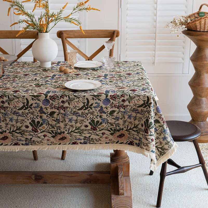 High End Home Floral Countryside Cotton Linen Fabric Tablecloth Rectangular Dining Table Cloth Decorative Cloth