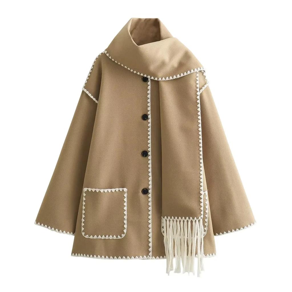 Fashion Scarf Collar Coat for Women Loose Winter Autumn Loose Jackets Elegant Tassel Streetwear Casual Chic Long Sleeve Jacket