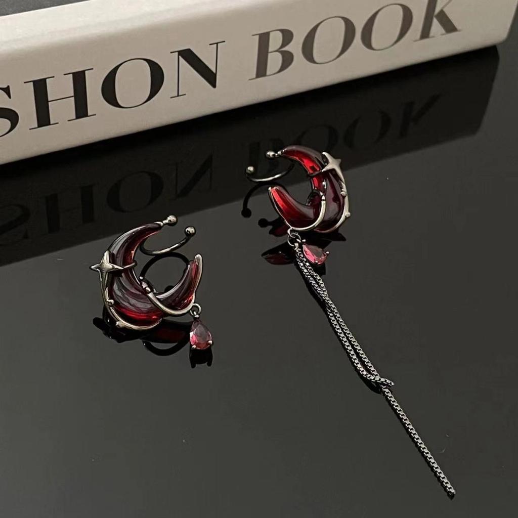 Dark Hot Girl Asymmetrical Red Crescent Tassel Earrings - New Chinese Style Niche Design