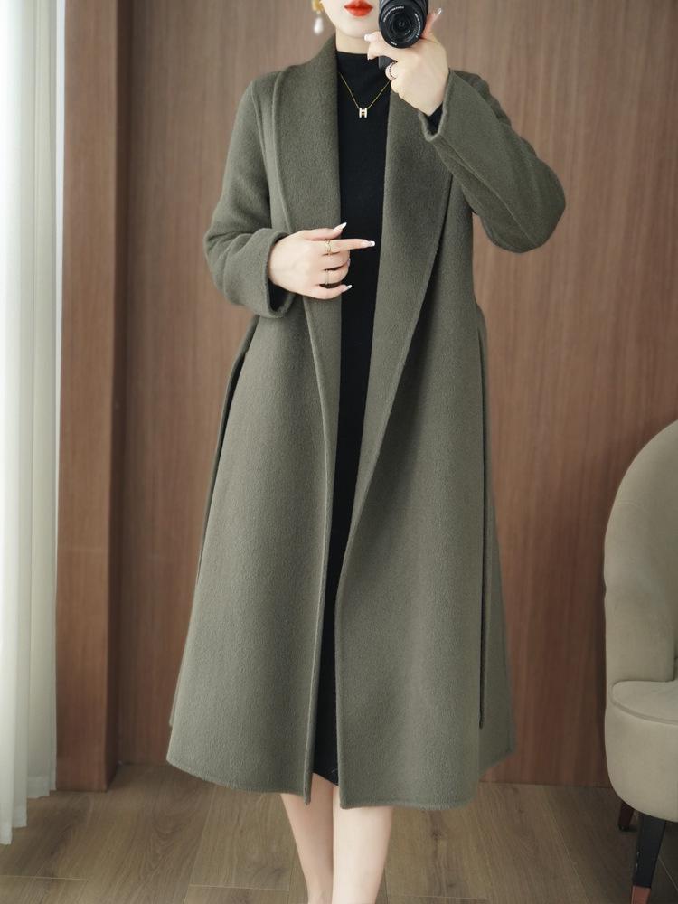 Temperament Women's Extra Long Double-Faced Wool Slim Fit Pea Coat - 100% Wool Autumn/Winter High-End Overcoat