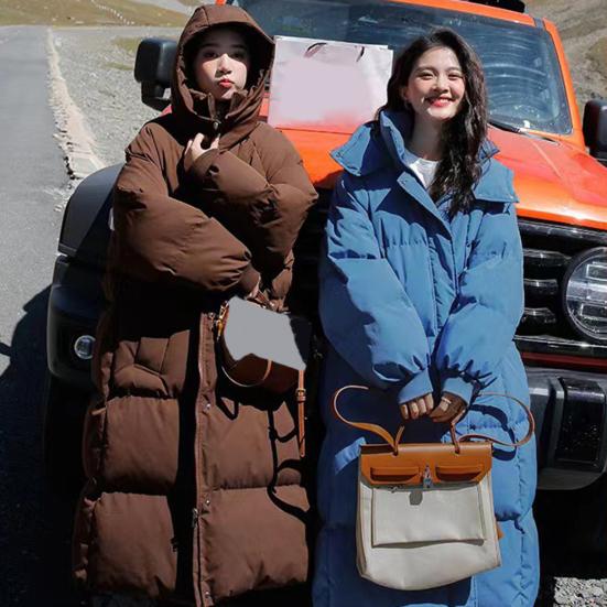 Winter Down Coat Zipper Hooded Solid Color Midi Length Cardigan Keep Warm