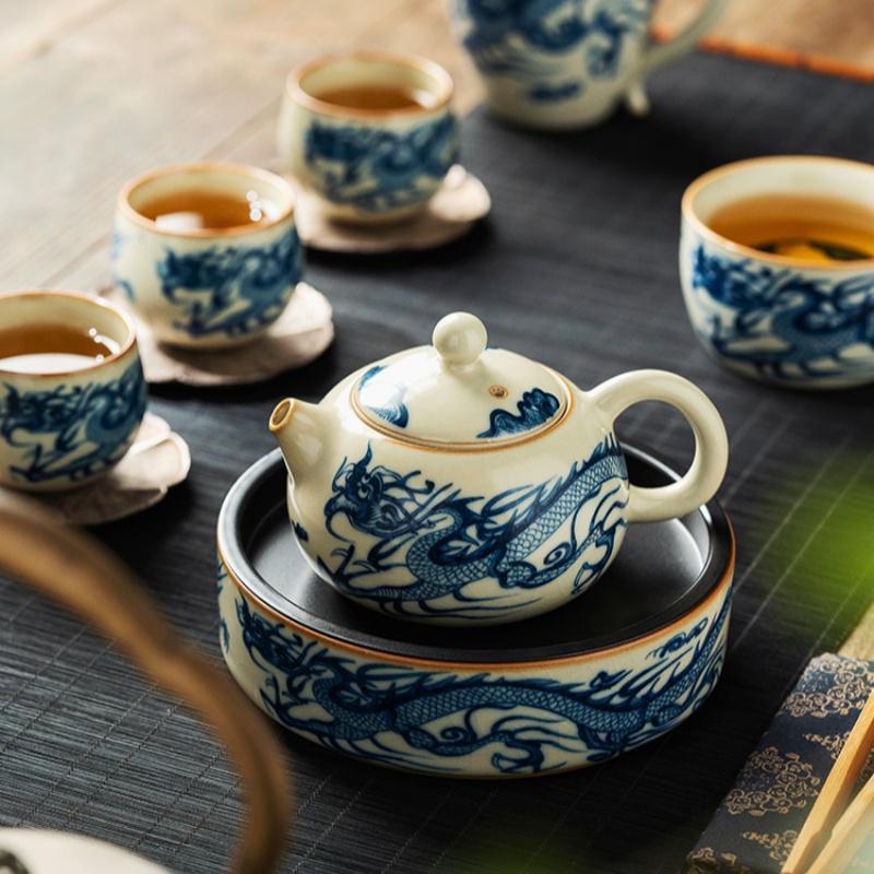 180ml Traditional Ru Kiln Blue and White Dragon Pattern Xi Shi Teapot For Home Tea Making High-end Ceramic Teapot KungFu Tea Set