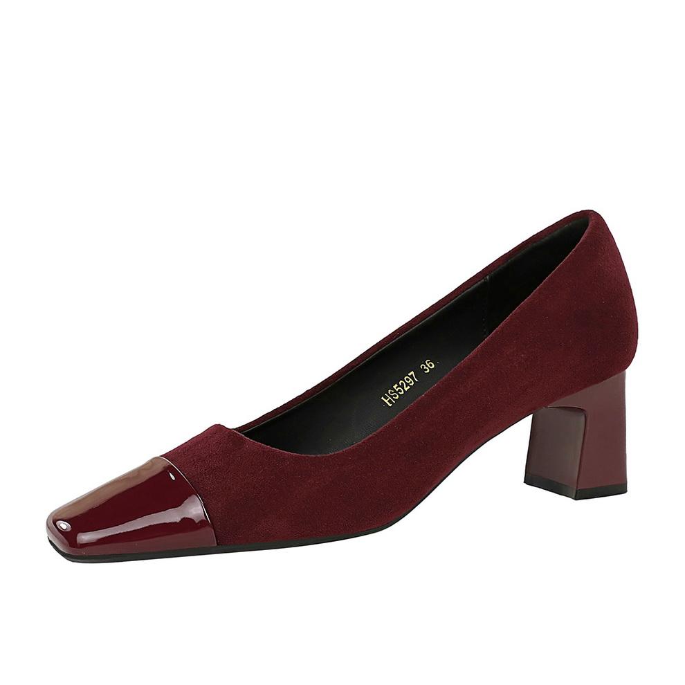Damen-Schuhe aus Wildleder mit flacher Öffnung, Farbblockierung, quadratische Zehenpartie, dicker Absatz, mittlerer Absatz, modisches Leopardenmuster, Einzelschuh für Damen