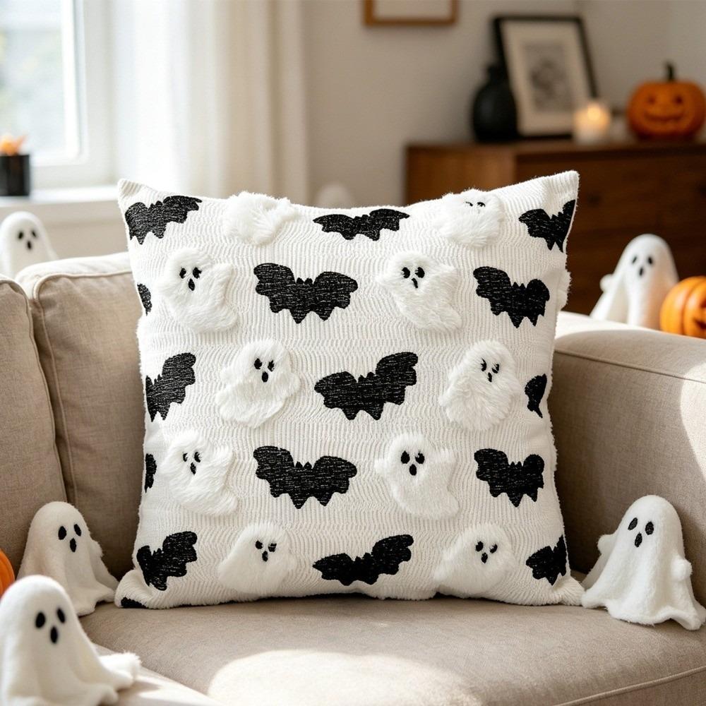 Halloween Throw Pillow Cover Ghost Black Bat Cushion Covers Soft Stuffed Pillow Case  Holiday Decor