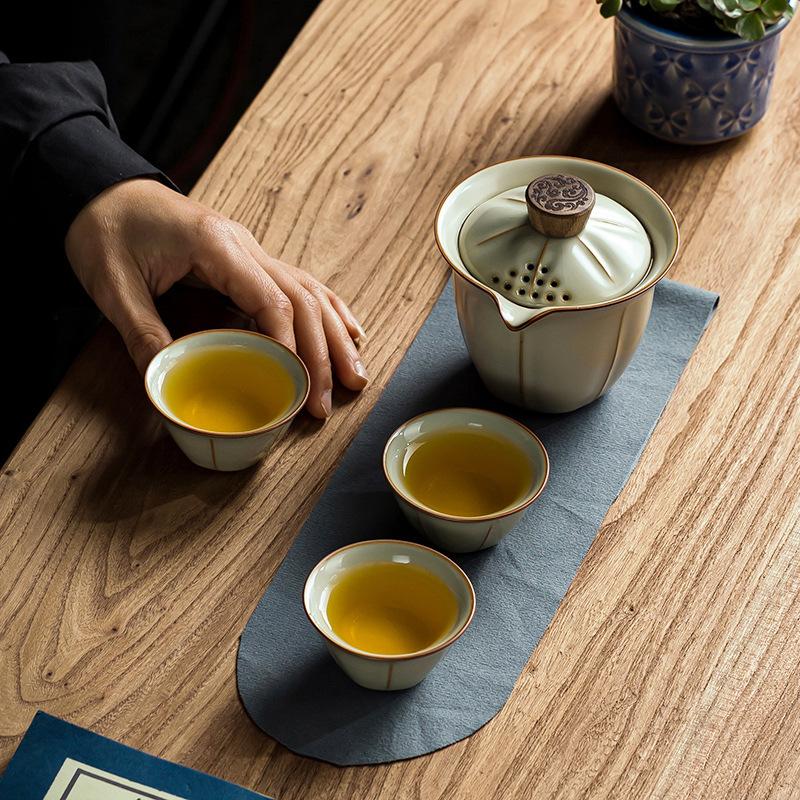Ru Kiln Travel Tea Set Kuaike Cup One Pot Two Cups Ceramic Outdoor Tea Drinking Equipment Portable Tea Set Storage Bag