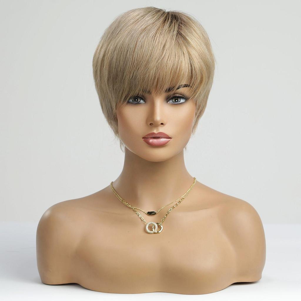 HAIRCUBE Short Creamy Blonde 100% Human Hair Wigs for Women,Pixie Cut Straight Wig With Bang Glueless Wigs Natural Daily Use