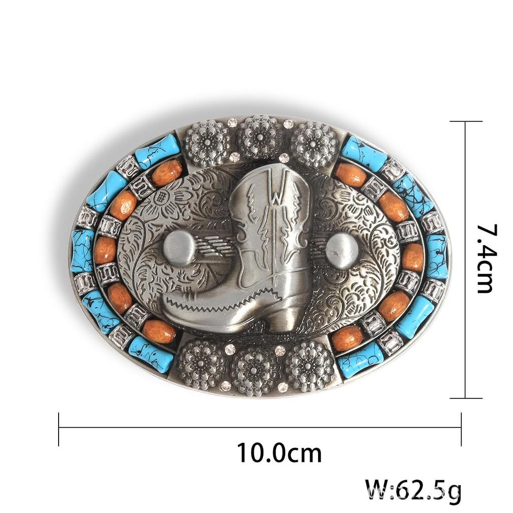 Cowboy Boots Belt Buckle for Silver Alloy Oval Buckle with Turquoise Western 10 x Birthday Gift [Rockyu] Men, Decoration, Style, 7.4 cm,
